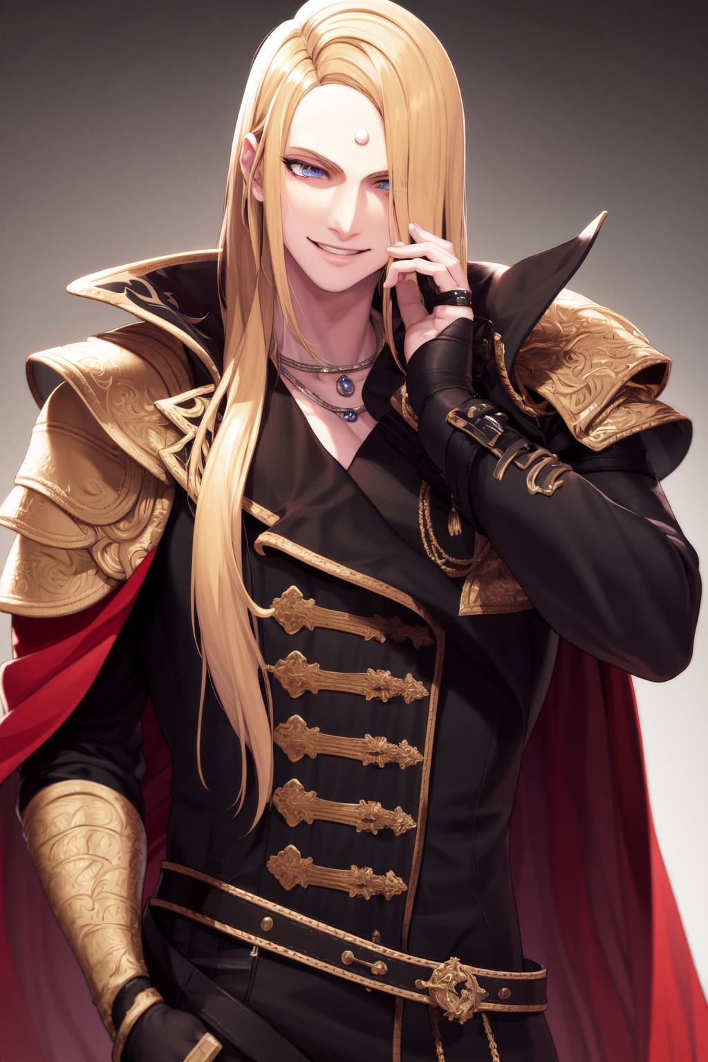 15499-3585295908-masterpiece, best quality, highres, 1boy zenos, red cape shoulder armor black coat  upper body, looking at viewer, smile.png